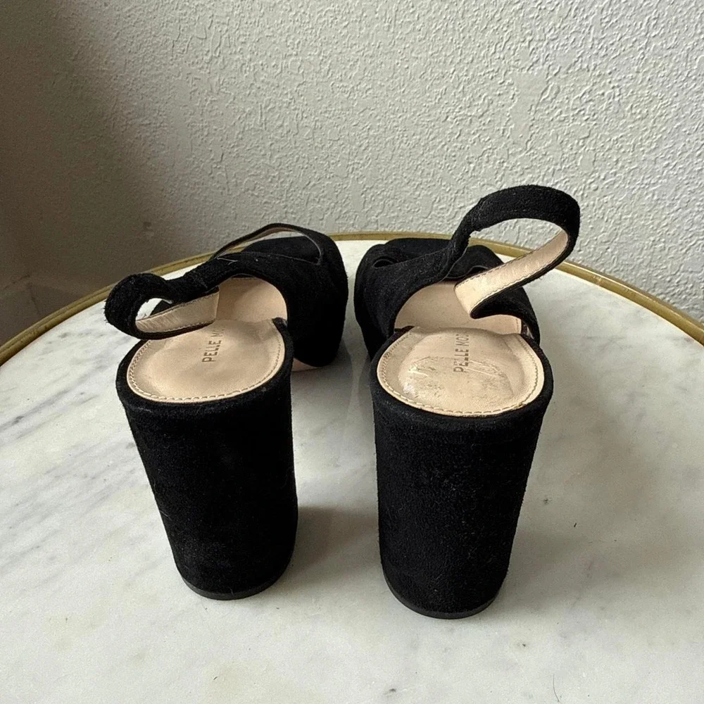 Pelle Moda Black Suede Peep Toe Slingback Block Heels Platform Formal Womens 7M
